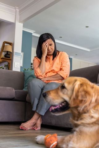 Mature woman sitting on sofa holding head in living room with golden retriever nearby