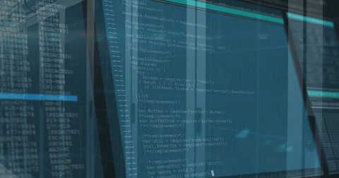 Displaying vertical monitor showing source code in control room with glass panels and neon LED glow