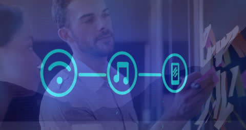 Digital Connectivity in Business with Data Icons Overlay