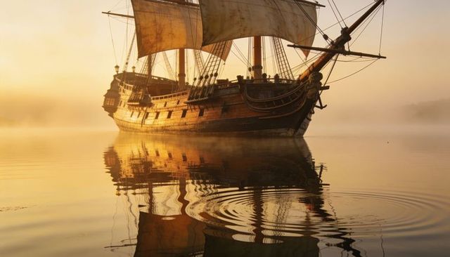 Golden-hour wooden galleon with square sails and rigging sailing calm mirrorlike water