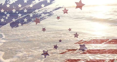 USA Flag Elements Blended with Summer Beach Landscape