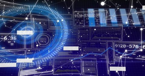 Projecting futuristic blue HUD rotating with rings, data charts and network nodes