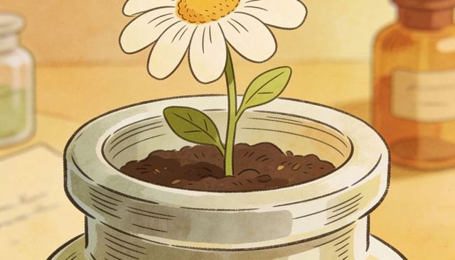 White daisy growing in pale ceramic pot on warm tabletop with amber bottle backdrop