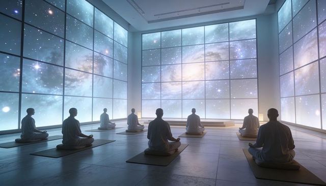 Group meditation under galactic panorama, minimalist robed practitioners meditating