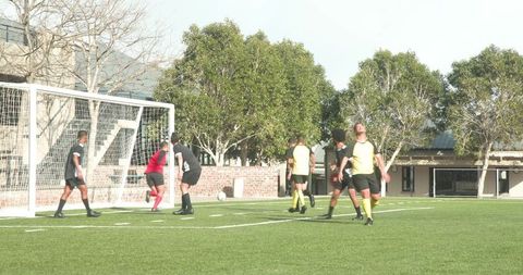 Soccer players collaborating for corner kick during match
