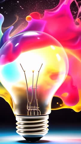 Swirling Neon Fluid Orbiting Light Bulb Creating Halo in Cosmic Vertical Video