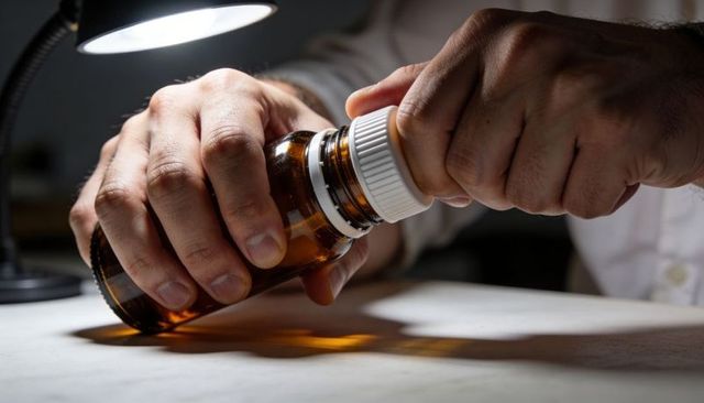 Hands twisting childproof cap from amber prescription bottle under focused desk lamp