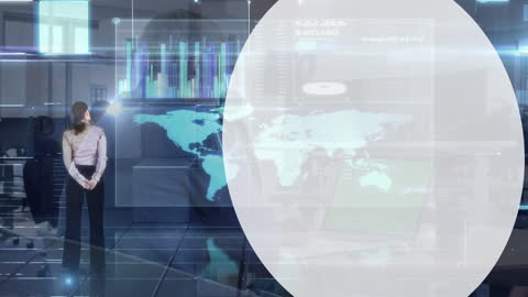 Businesswoman Analyzing Virtual Global Data in Modern Office