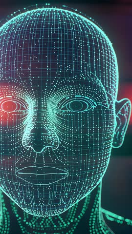 Pulsing neon wireframe head scanning, reacting to lens flare, vertical cybernetic avatar loop