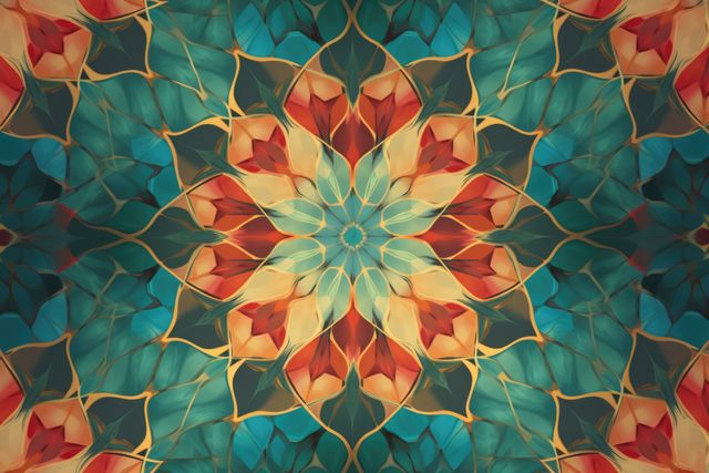 This intricate and colorful kaleidoscopic floral pattern features symmetrical geometric designs. It is perfect for use in home decor, wallpapers, textiles, and graphic design projects. It evokes a modern and vibrant aesthetic, suitable for digital backgrounds and artistic applications.