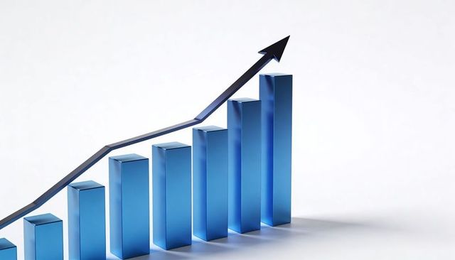 Glossy blue 3d bar chart showing upward growth with arrowed line for business analytics