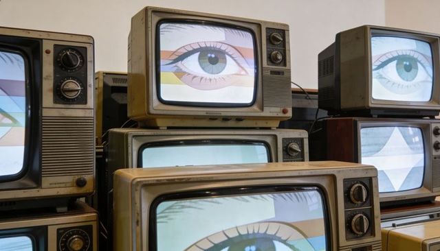 Stacked Vintage CRT Televisions Displaying Eye Graphics Retro Video Art Installation