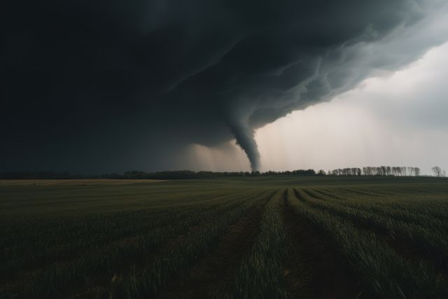 Huge tornado swirling over field, created using generative ai technology. Power in nature, danger and natural disaster concept digitally generated image.