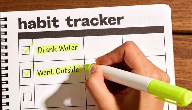 Hand Highlighting Habit Tracker Notebook with Neon Green Highlighter for Daily Routine