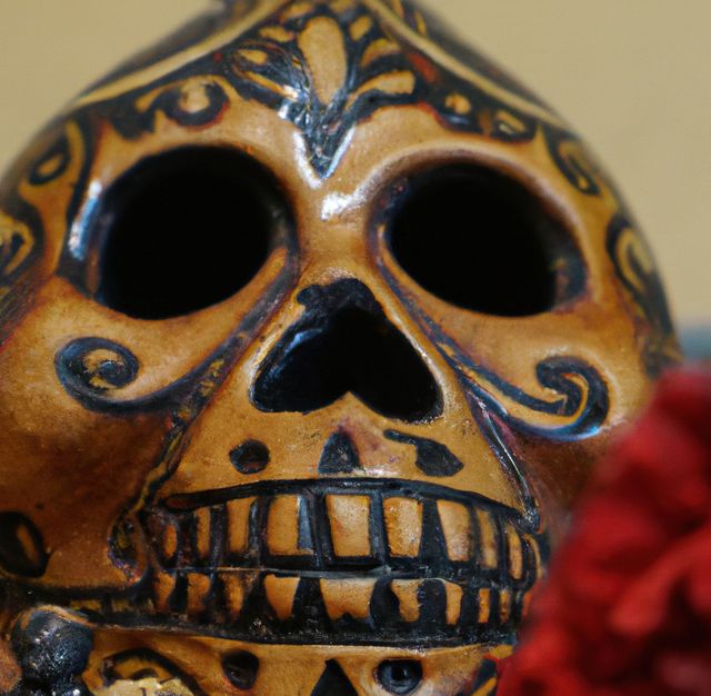 Image of close up of mexican decorated hand made skull. Mexican culture and tradition concept.