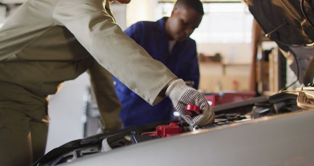 Image of midsection of two diverse female car mechanics repairing car - Download Free Stock Photos Pikwizard.com