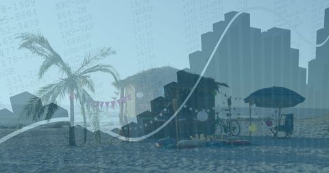 Financial data processing overlaid on the beach landscape