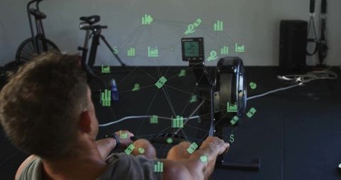 Rowing athlete on ergometer with ar analytics overlay tracking fitness performance metrics