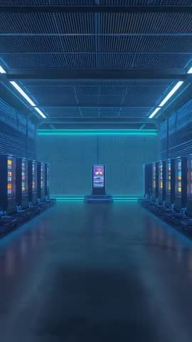 Pushing Camera Through Futuristic Data Corridor Toward Illuminated Vertical Server Kiosk