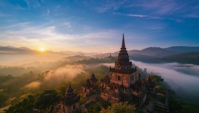 Ancient stone pagoda and stupas on misty forest hill glowing at sunrise with golden light