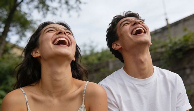 Laughing couple leaning back in garden enjoying candid joyful summer moment