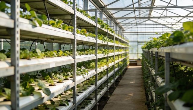 Sunlit hydroponic vertical farming racks growing seedlings along glass greenhouse aisle