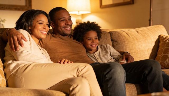 Smiling black family cuddling on sofa, sharing cozy evening at home with warm lamp glow