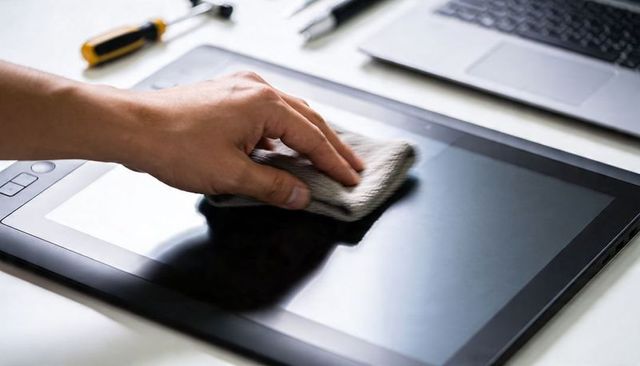 Cleaning graphics tablet screen with microfiber cloth on digital artist workstation