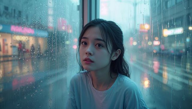 Moody Nighttime Cityscape Reflections with Asian Woman