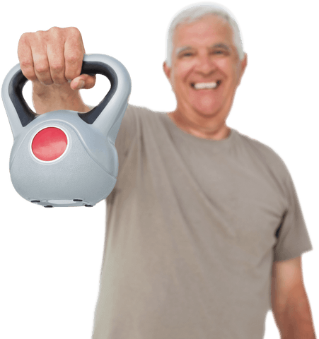 Senior man exercising with transparent kettlebell