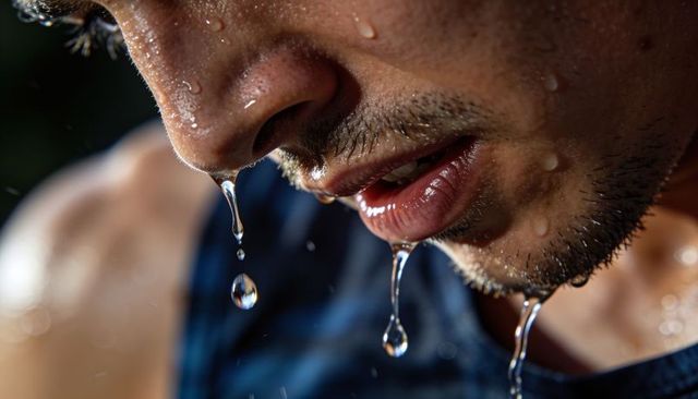 Male athlete lower-face closeup showing sweat and water droplets dripping post-workout