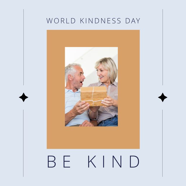 Perfect for promoting World Kindness Day, this image of a cheerful senior couple holding a present embodies generosity and love. Ideal for campaigns focusing on kindness, senior living, and thoughtful gestures. Use it in social media posts, newsletters, or posters to highlight themes of togetherness and appreciation.
