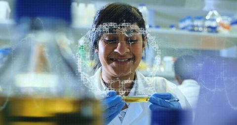 Female Scientist Analyzing Yellow Sample in Laboratory with Molecular Network Overlay