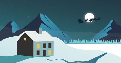 The scene depicts a cozy house under the glow of moonlight as Santa Claus and his reindeers fly through a snowy winter landscape. Ideal for holiday cards, festive decorations, and seasonal promotions, capturing the magic and warmth of the Christmas season.