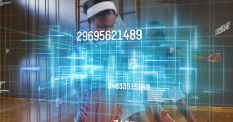 Athletes analyzing holographic sports data innovatively in gym