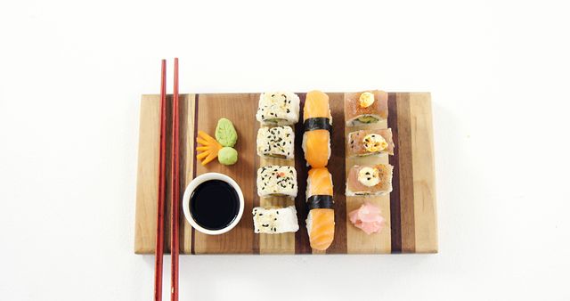 Assorted Sushi Platter with Red Chopsticks and Soy Sauce on Wooden Board - Download Free Stock Images Pikwizard.com