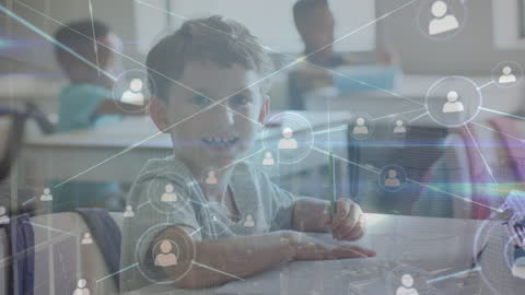 Smiling Child in Classroom with Digital Network Overlay