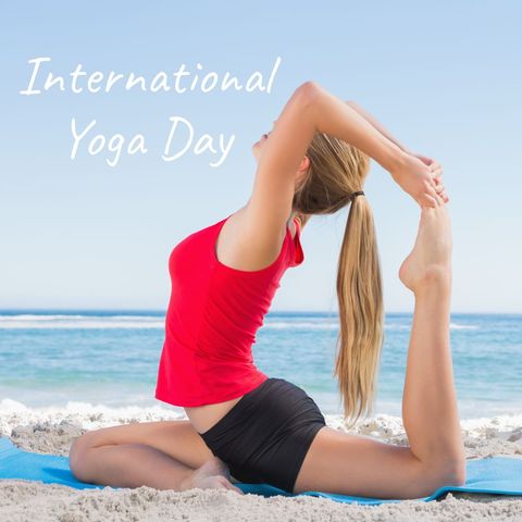woman practicing yoga pose on beach for international yoga day - Download Free Stock Templates Pikwizard.com