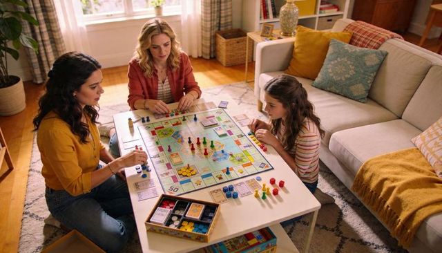 Playing family board game on living room table, cozy game night with mom and daughter