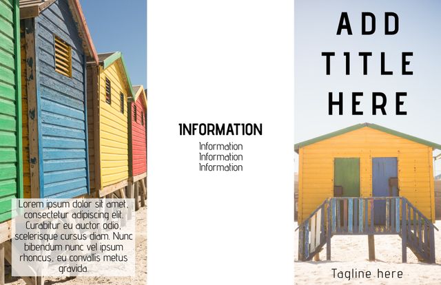 This template showcases colorful beach huts on a sunny beach with ample space for adding event details and promotional content. Perfect for creating vibrant flyers, brochures, or advertisements for beachside events, summer parties, or coastal festivals.