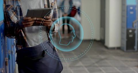 Teen leaning at lockers holding tablet wearing shoulder bag, tech-savvy campus moment