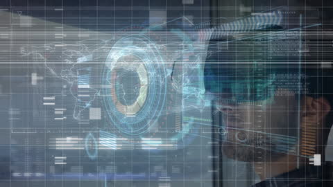 Man Wearing VR Headset with Futuristic Data Visualization