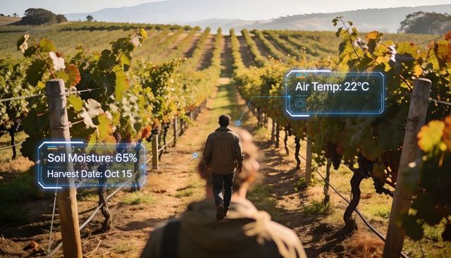 Vineyard worker monitoring ar data for precision agriculture: soil moisture, air temp, harvest date