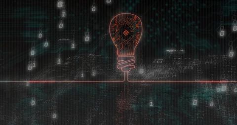 Glowing Neon Circuit Bulb Hovering in Digital Matrix Binary Streams