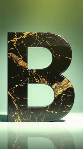Vertical video showing light sweeping across black marble letter B with gold veins and reflection
