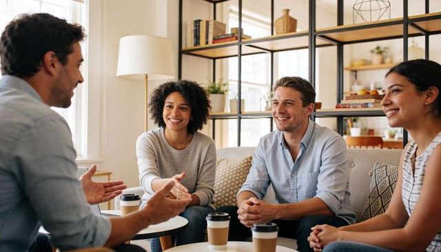 Young professionals chatting over coffee in cozy modern living room for casual networking