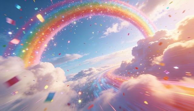 Arching rainbow and luminous ribbon weaving above sunlit clouds with glittering confetti