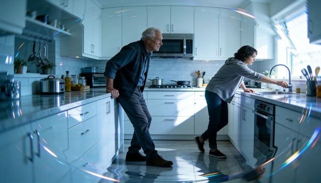 Senior man leaning while adult woman reaching for faucet in modern bright kitchen