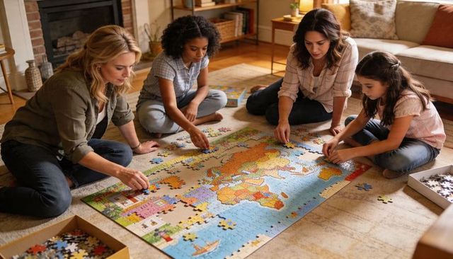Family assembling large colorful world map puzzle together on cozy living room rug