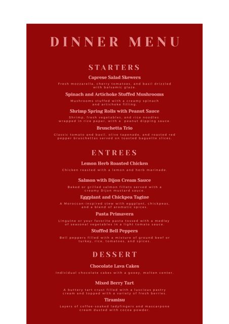 Elegant red dinner menu featuring a list of gourmet starters, main courses, and desserts. The design exudes sophistication with classic typography and detailed descriptions of each dish. Ideal for upscale restaurants, food and beverage websites, and event planners highlighting luxury dinner options.